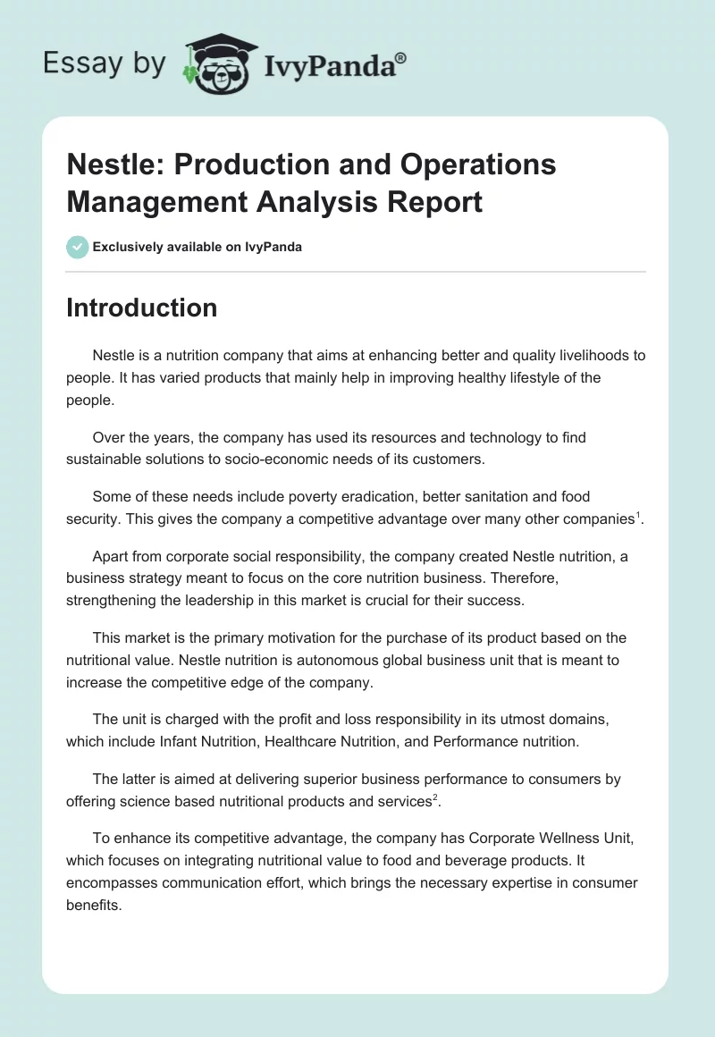 Nestle: Production and Operations Management Analysis Report. Page 1