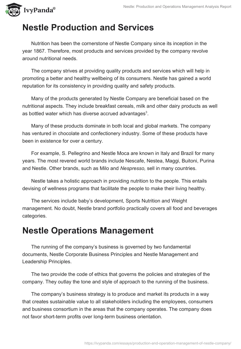 Nestle: Production and Operations Management Analysis Report. Page 2