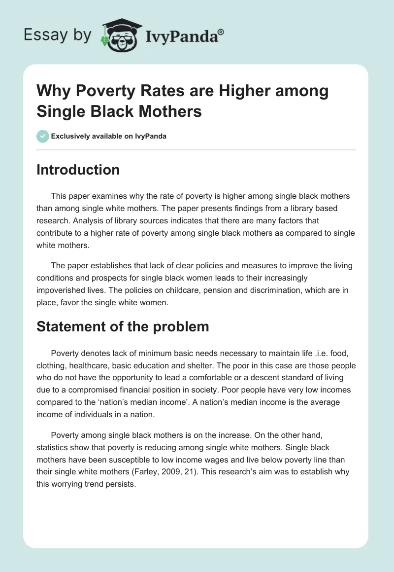 Why Poverty Rates are Higher Among Single Black Mothers. Page 1