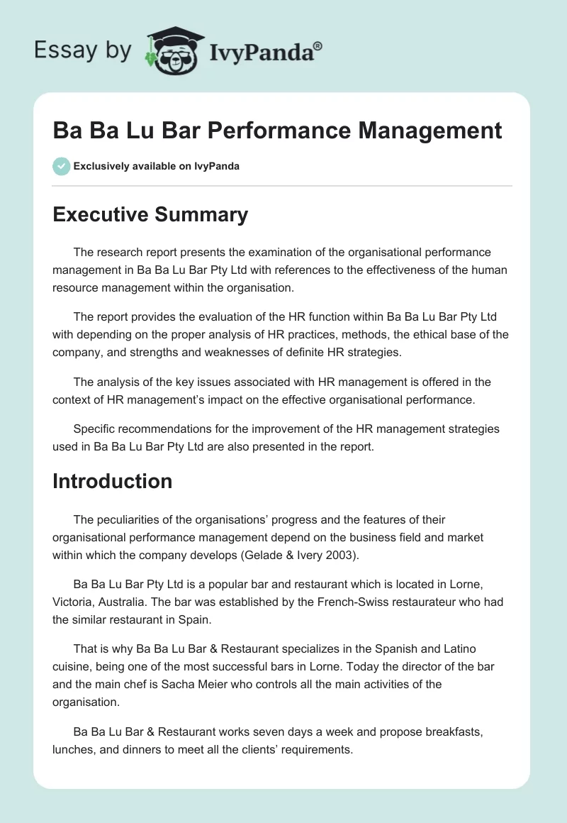 Ba Ba Lu Bar Performance Management. Page 1
