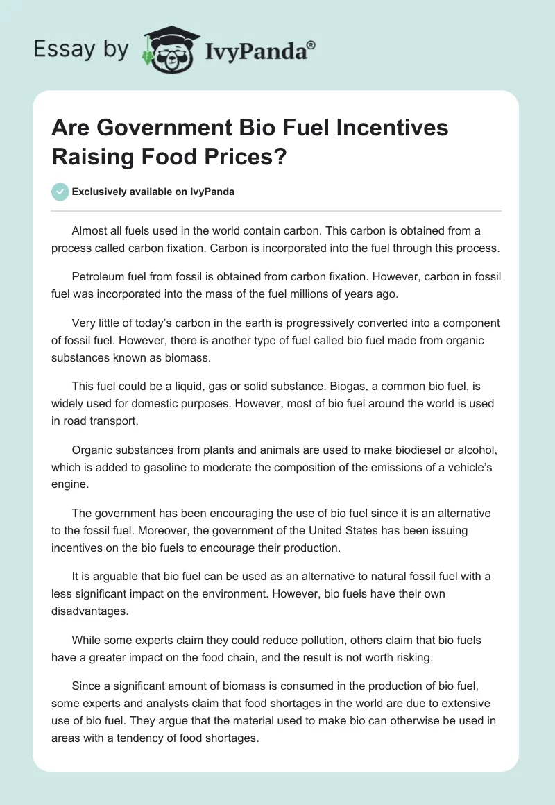 Are Government Bio Fuel Incentives Raising Food Prices?. Page 1
