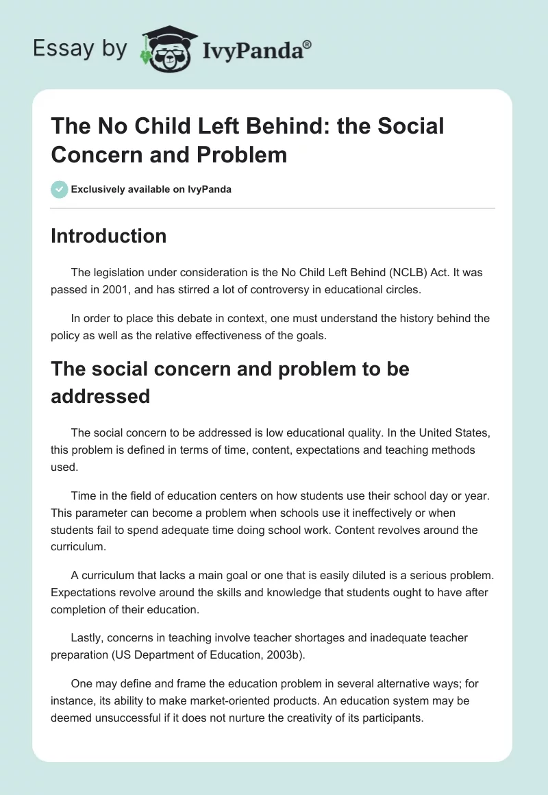 The No Child Left Behind: the Social Concern and Problem. Page 1