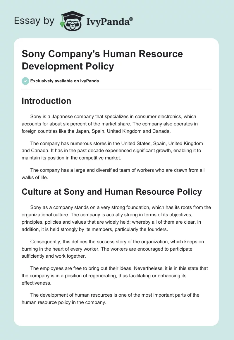 Sony Company's Human Resource Development Policy. Page 1