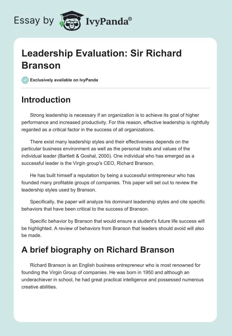 Leadership Evaluation: Sir Richard Branson. Page 1