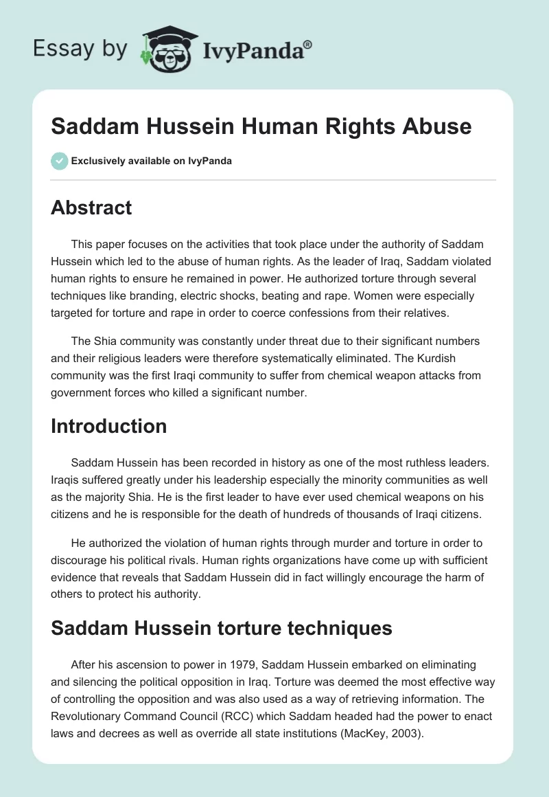 Saddam Hussein Human Rights Abuse. Page 1
