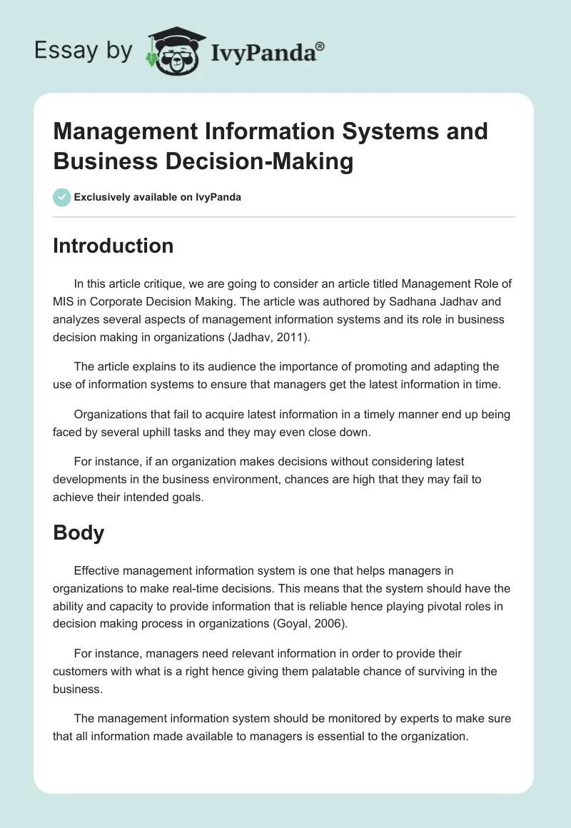 Management Information Systems and Business Decision-Making. Page 1