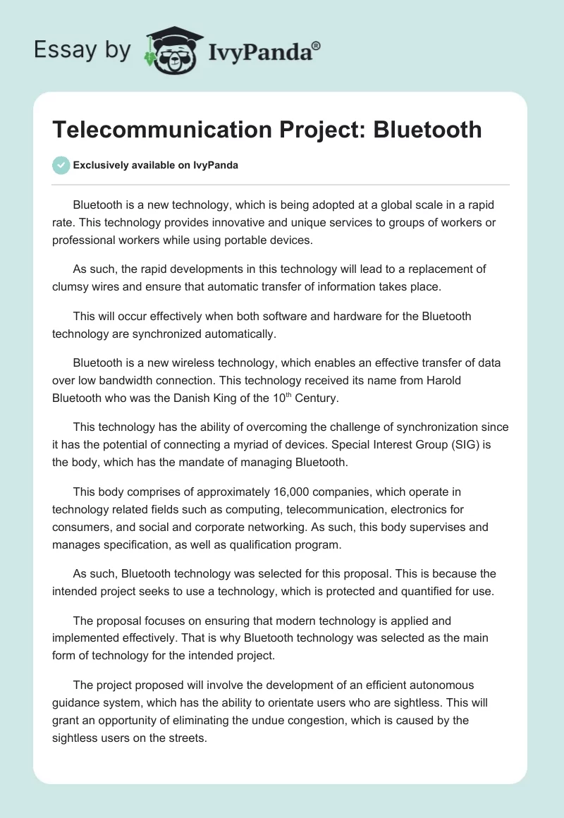 Telecommunication Project: Bluetooth. Page 1