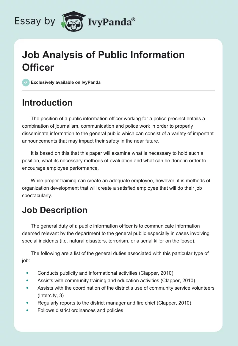 Job Analysis of Public Information Officer. Page 1