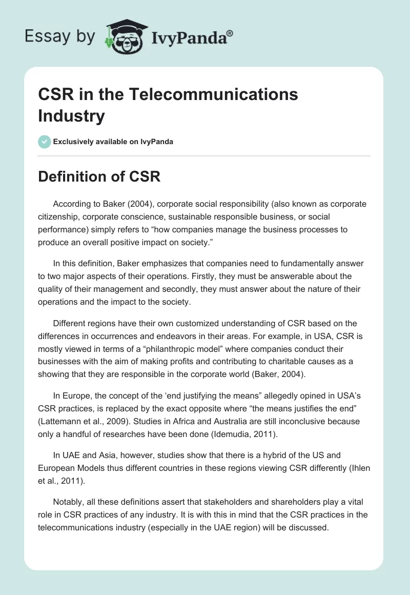CSR in the Telecommunications Industry. Page 1