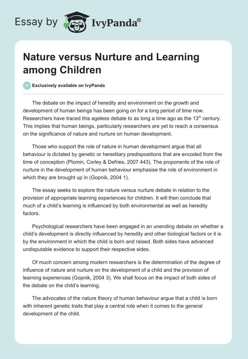 Nature Versus Nurture and Learning Among Children. Page 1