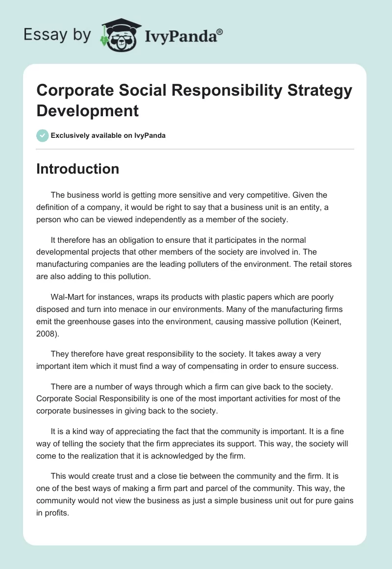 Corporate Social Responsibility Strategy Development. Page 1