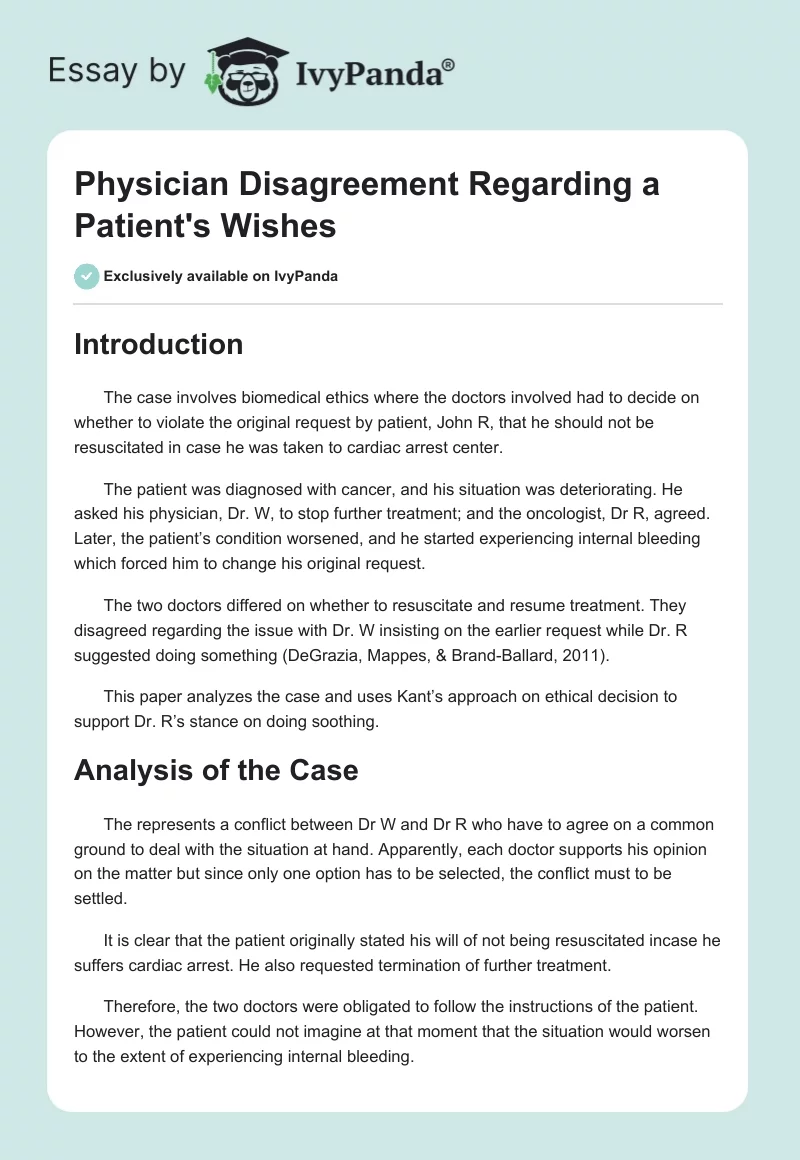 Physician Disagreement Regarding a Patient's Wishes. Page 1