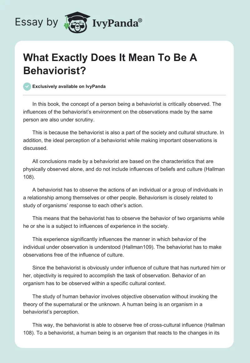 What Exactly Does It Mean To Be A Behaviorist?. Page 1