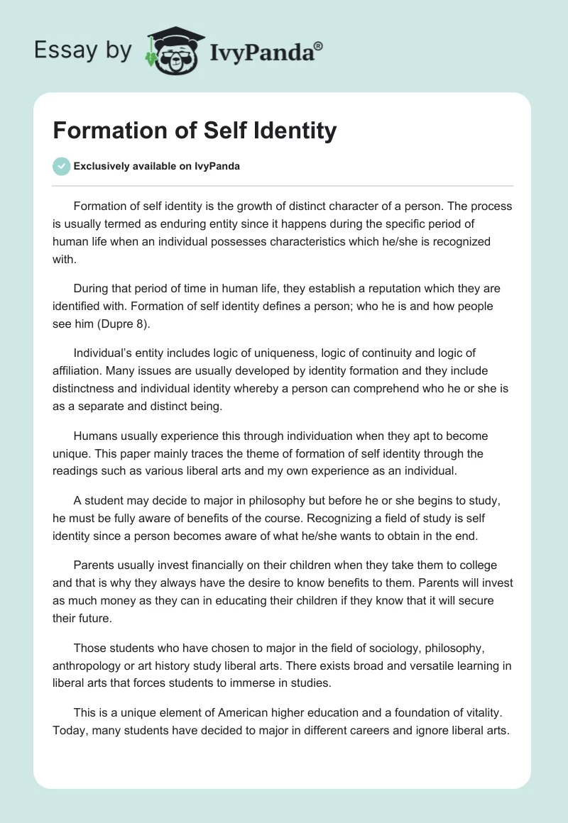 Formation of Self Identity. Page 1