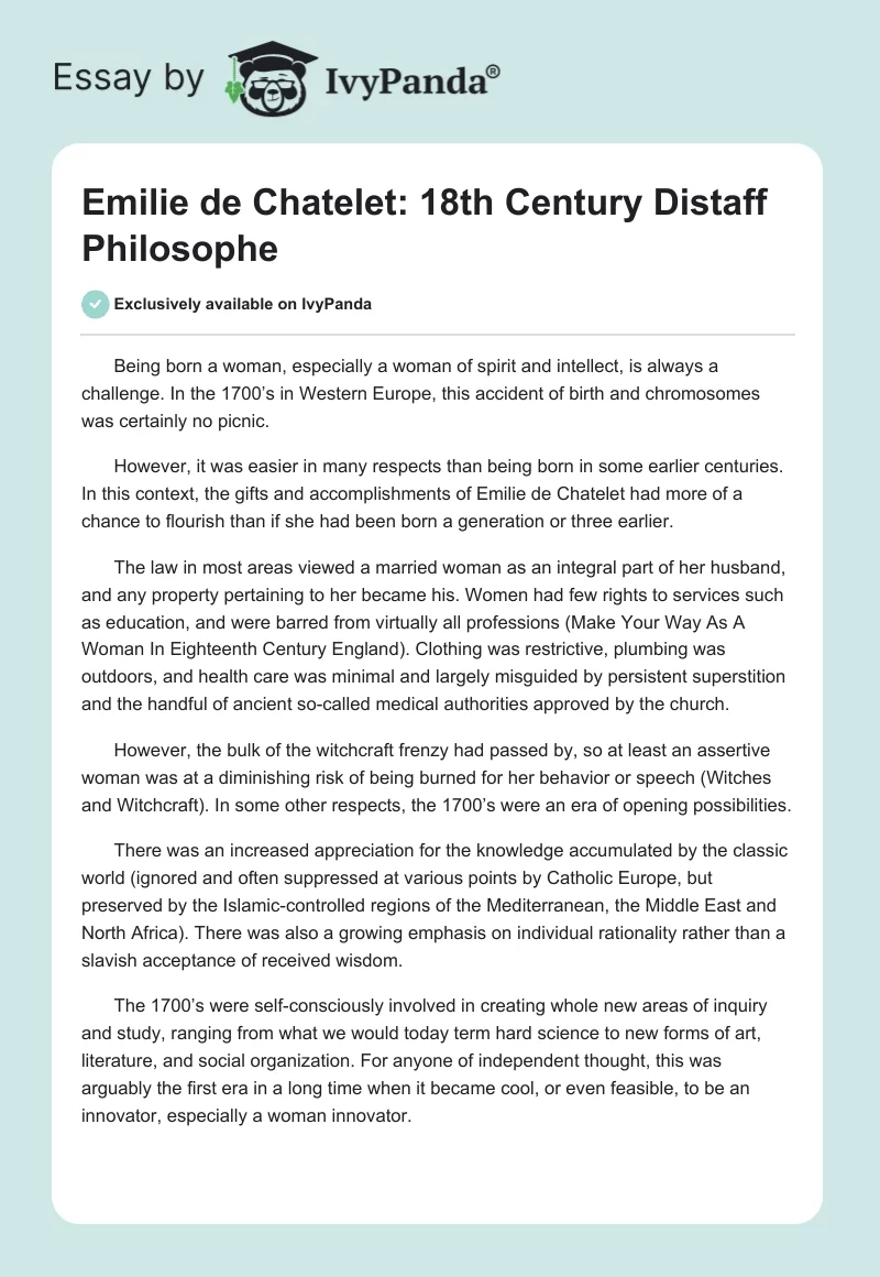 Emilie de Chatelet: 18th Century Distaff Philosophe. Page 1