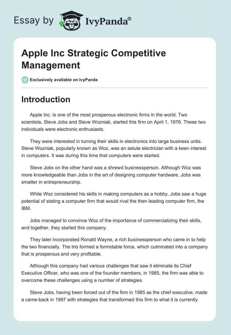 Apple Inc Strategic Competitive Management. Page 1