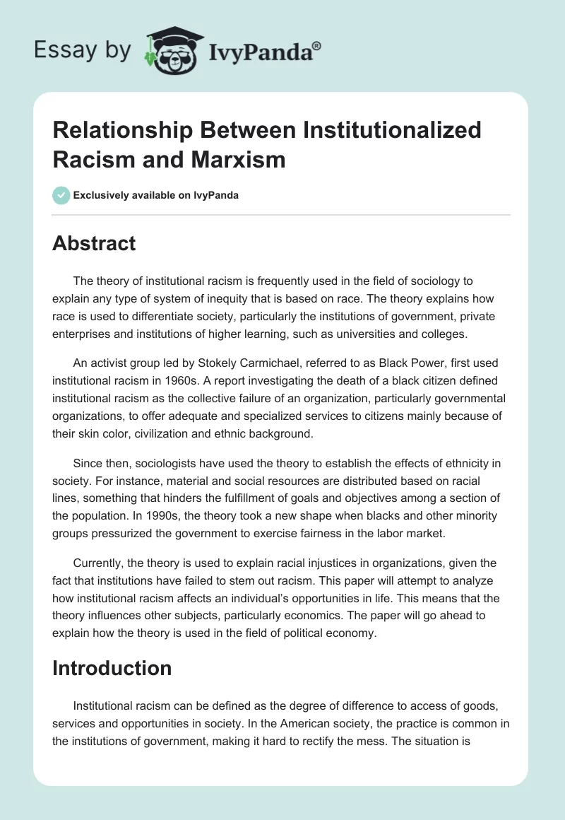 Relationship Between Institutionalized Racism and Marxism. Page 1