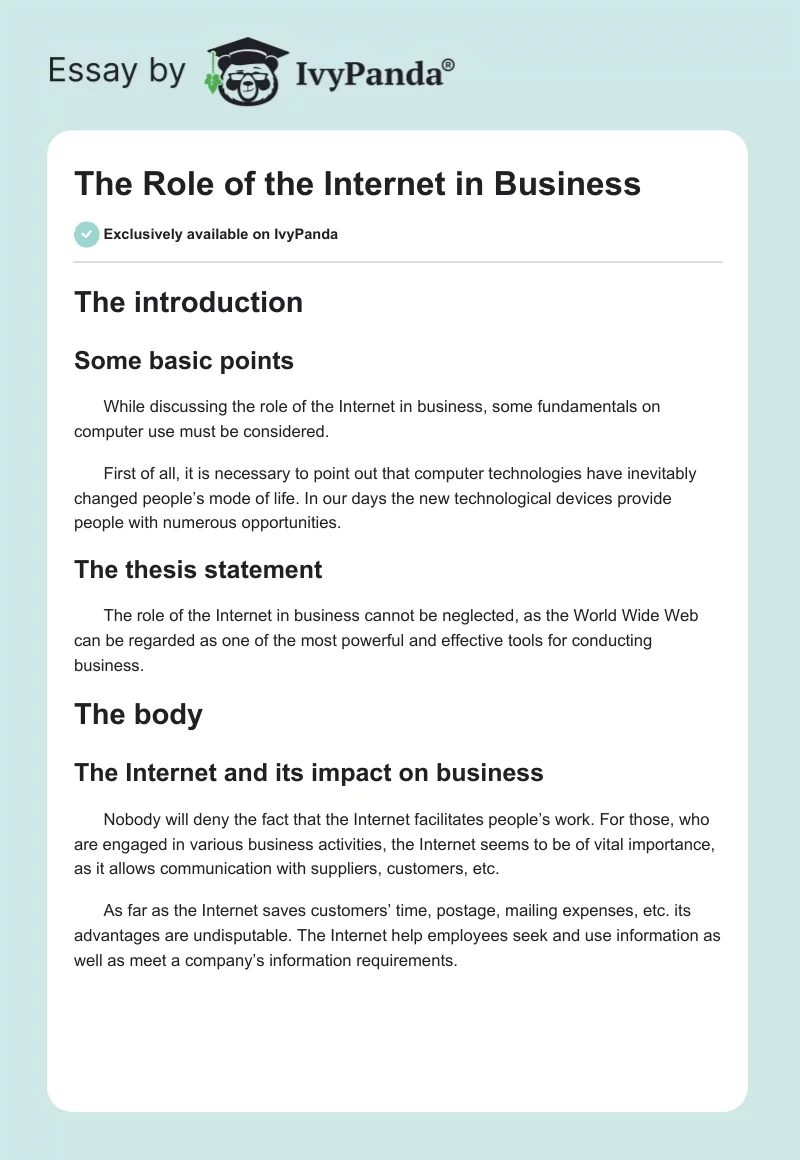 The Role of the Internet in Business. Page 1