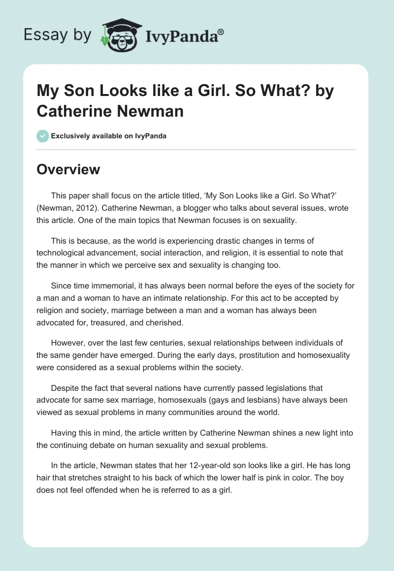 "My Son Looks like a Girl. So What?" by Catherine Newman. Page 1