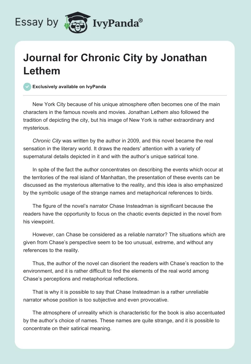 Journal for Chronic City by Jonathan Lethem. Page 1