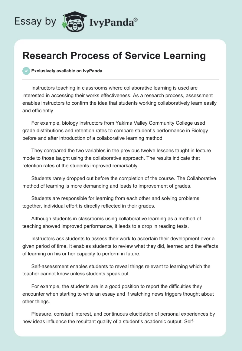 Research Process of Service Learning. Page 1