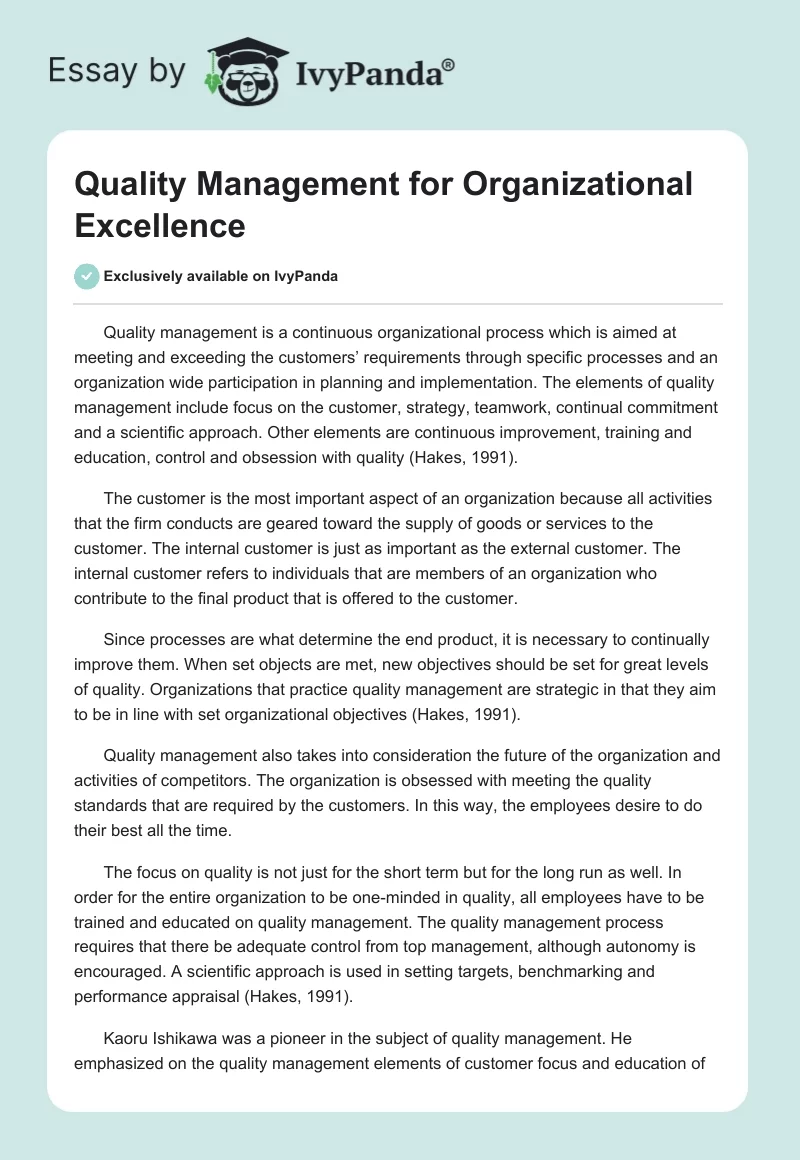 Quality Management for Organizational Excellence - 540 Words | Essay ...
