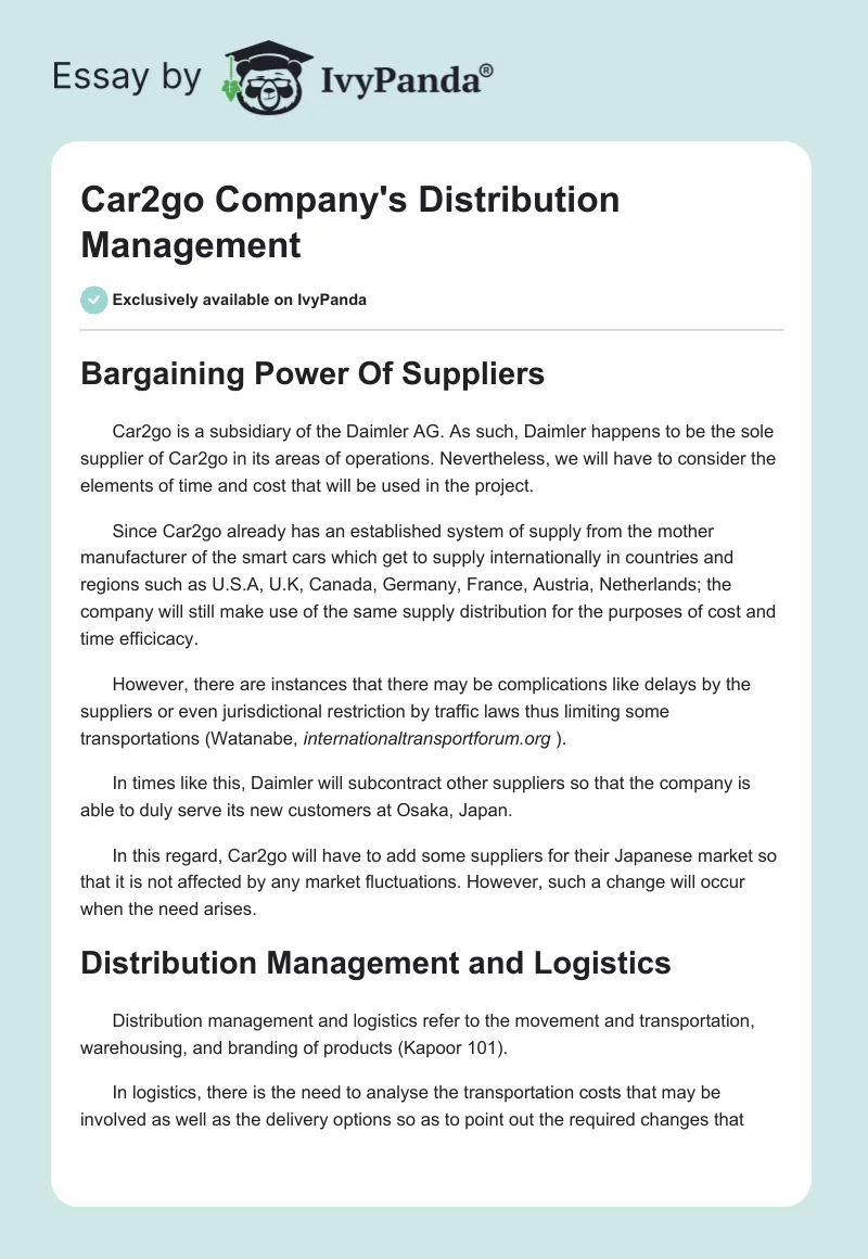 Car2go Company's Distribution Management. Page 1