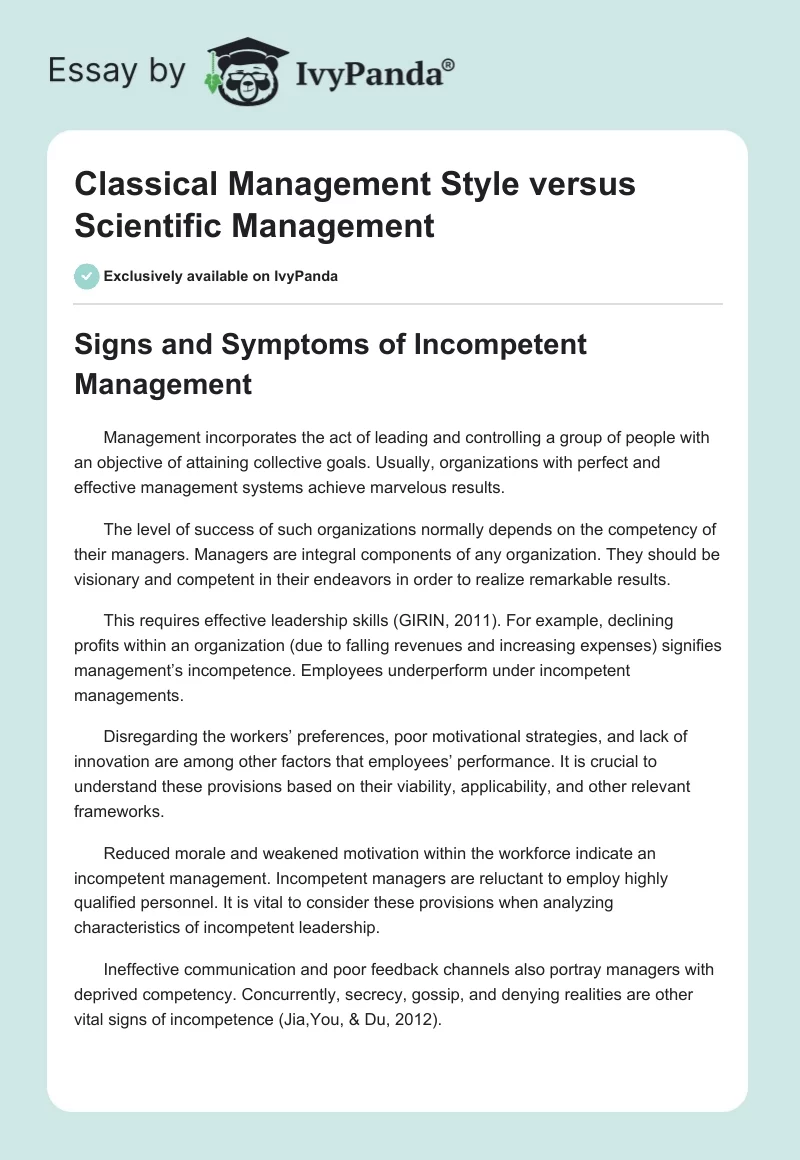 Classical Management Style versus Scientific Management. Page 1