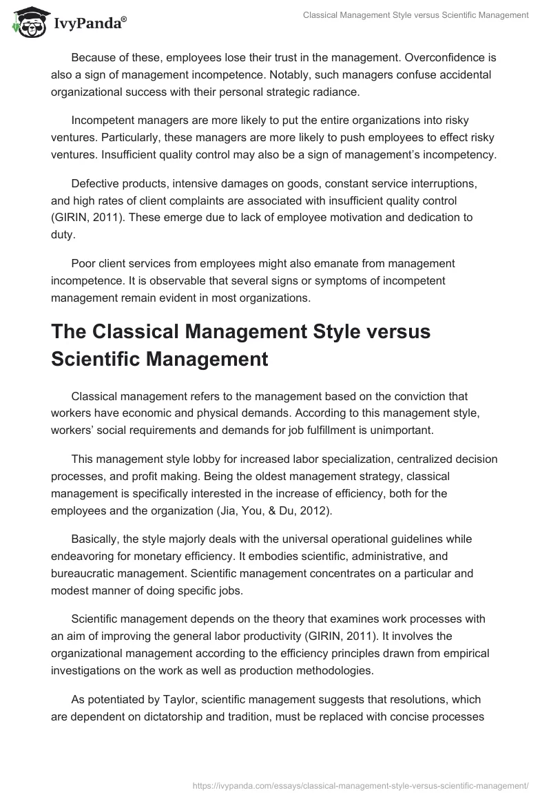 Classical Management Style versus Scientific Management. Page 2