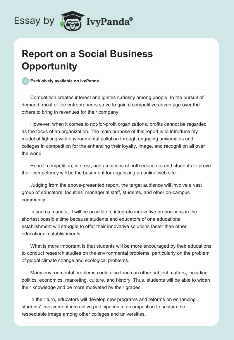 Report on a Social Business Opportunity. Page 1