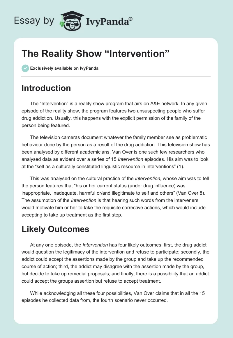 The Reality Show “Intervention”. Page 1