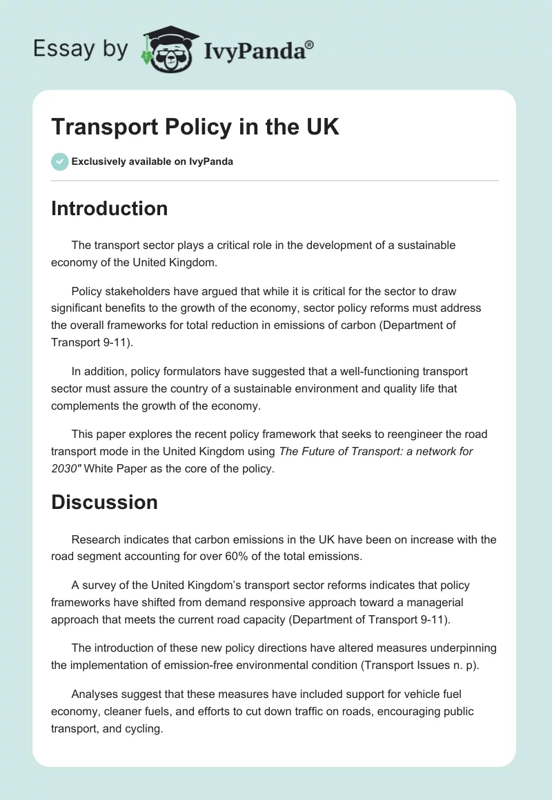 Transport Policy in the UK. Page 1