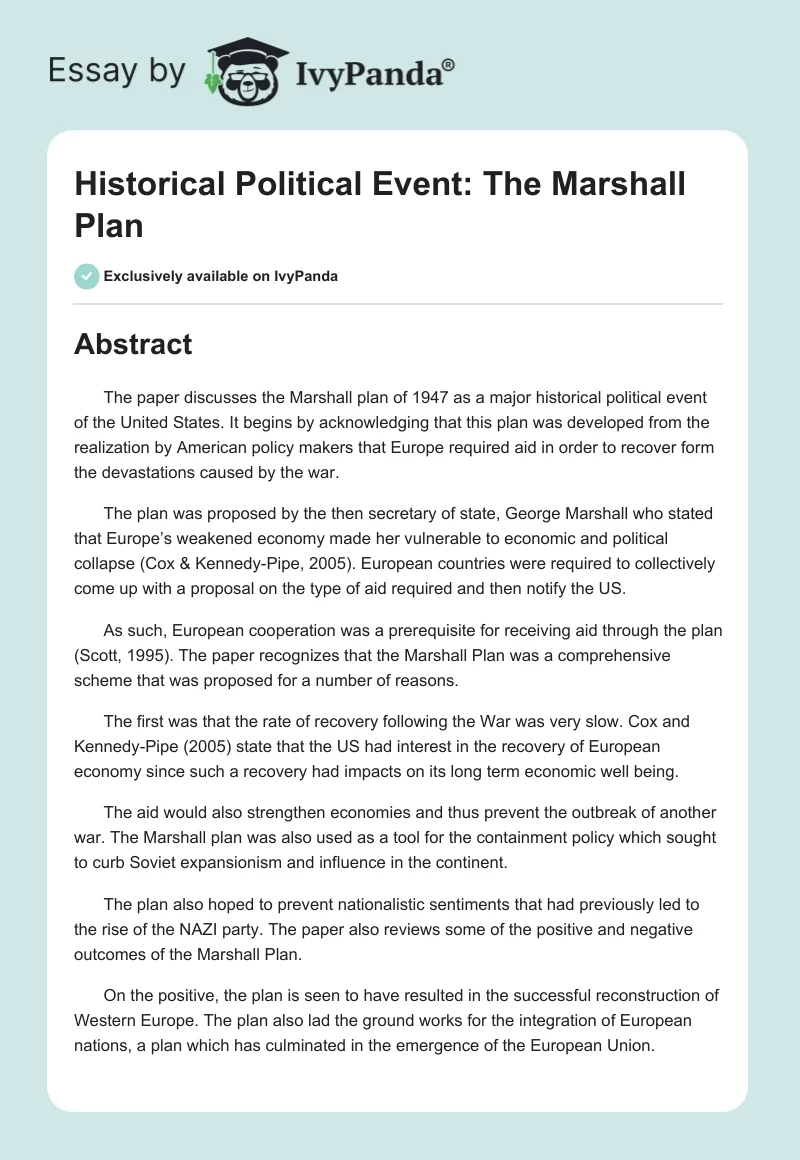 Historical Political Event: The Marshall Plan. Page 1