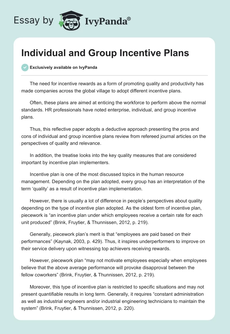Individual and Group Incentive Plans. Page 1
