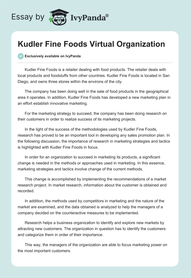Kudler Fine Foods Virtual Organization. Page 1