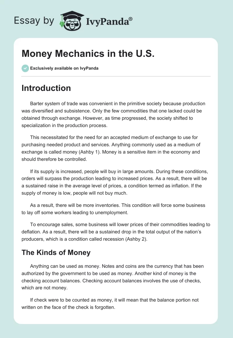Money Mechanics in the U.S.. Page 1