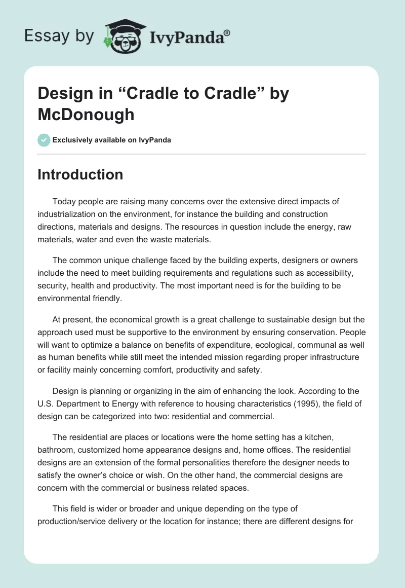 Design in “Cradle to Cradle” by McDonough. Page 1