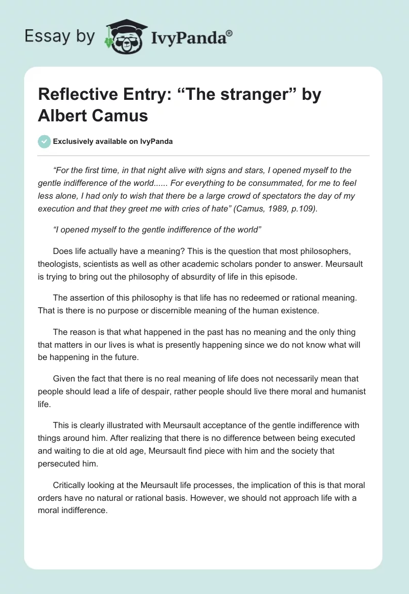 Reflective Entry: “The stranger” by Albert Camus. Page 1