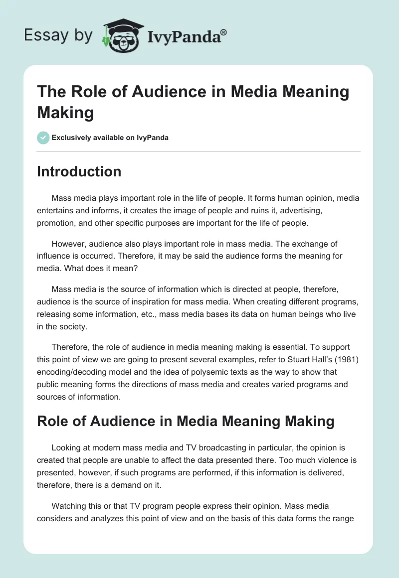 Audience in Media Essay. Page 1