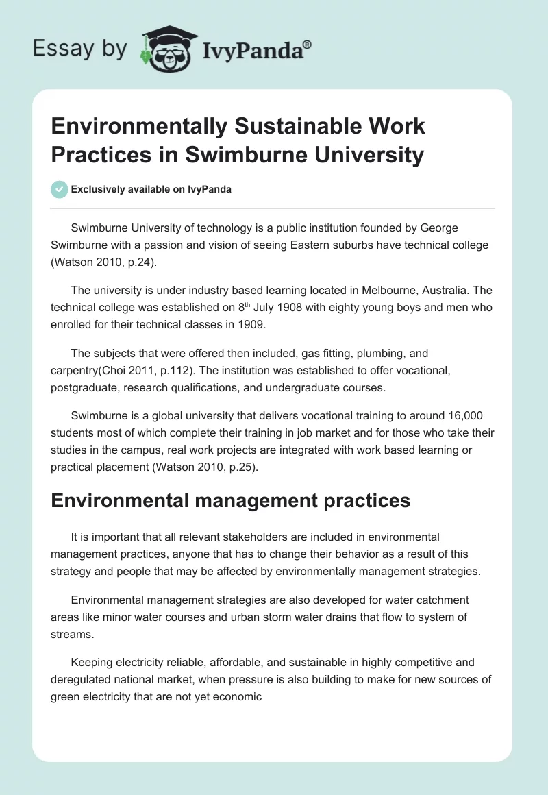 Environmentally Sustainable Work Practices in Swimburne University. Page 1