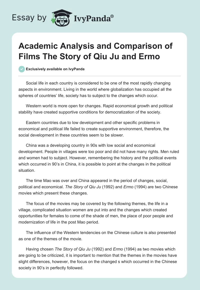 Academic Analysis and Comparison of Films "The Story of Qiu Ju" and "Ermo". Page 1