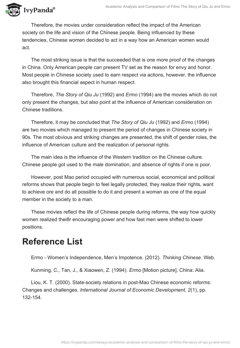 Academic Analysis and Comparison of Films "The Story of Qiu Ju" and "Ermo". Page 5