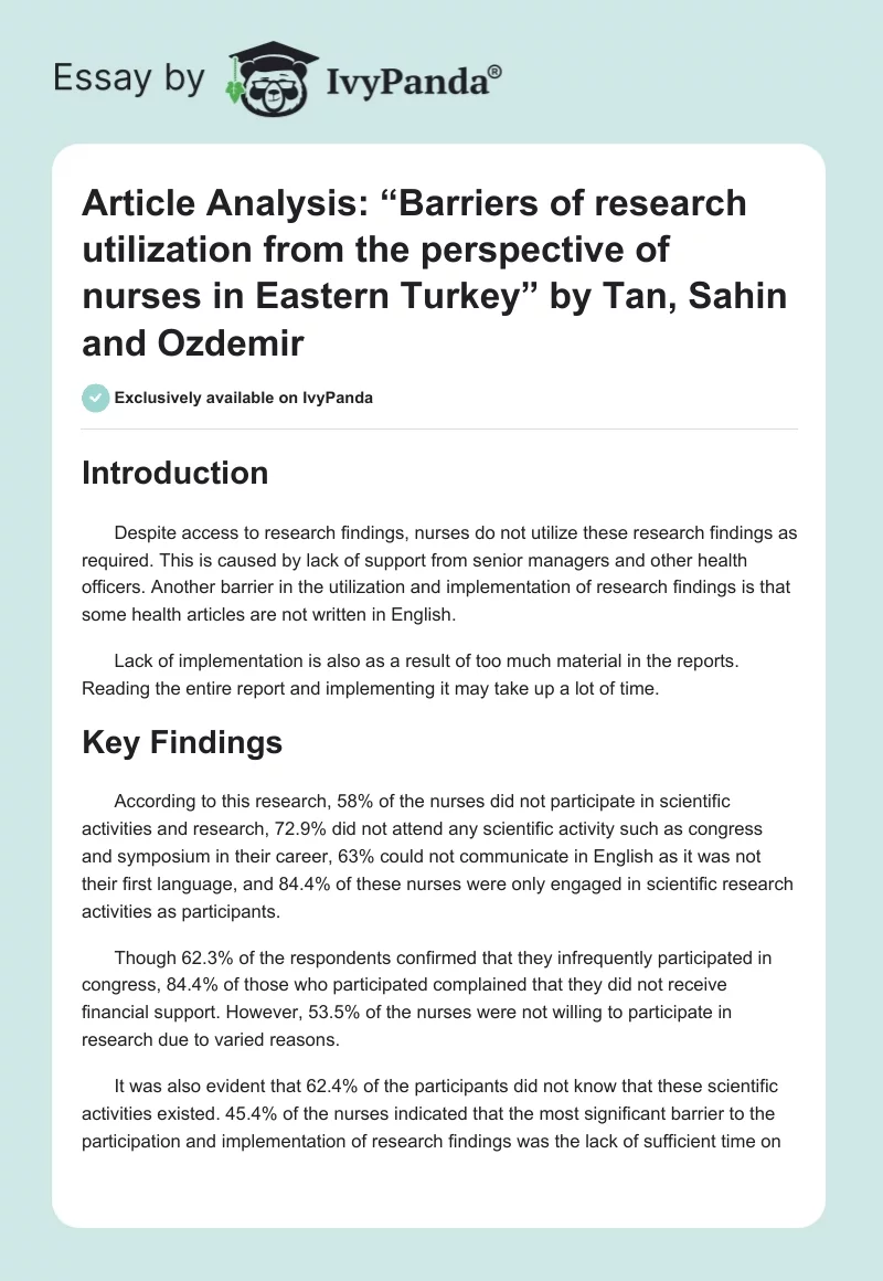 Article Analysis: “Barriers of research utilization from the perspective of nurses in Eastern Turkey” by Tan, Sahin and Ozdemir. Page 1