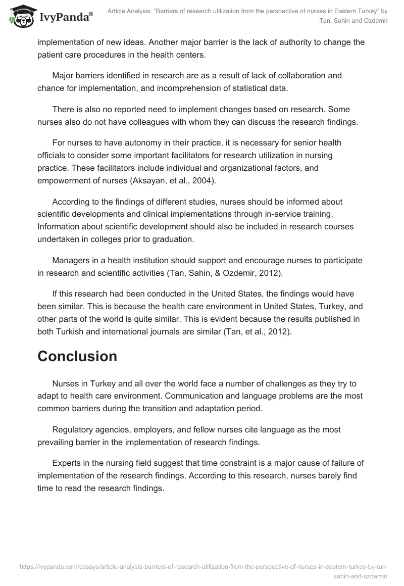 Article Analysis: “Barriers of research utilization from the perspective of nurses in Eastern Turkey” by Tan, Sahin and Ozdemir. Page 3