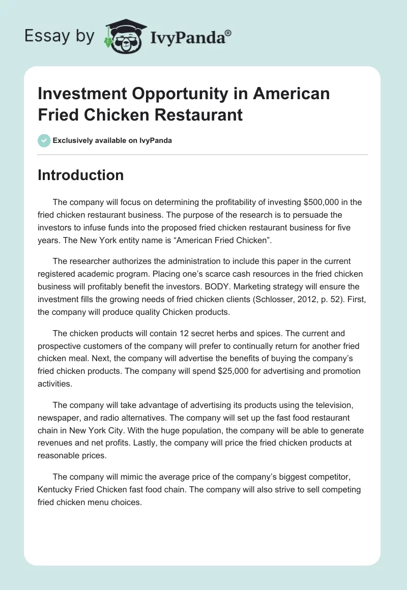 Investment Opportunity in American Fried Chicken Restaurant . Page 1