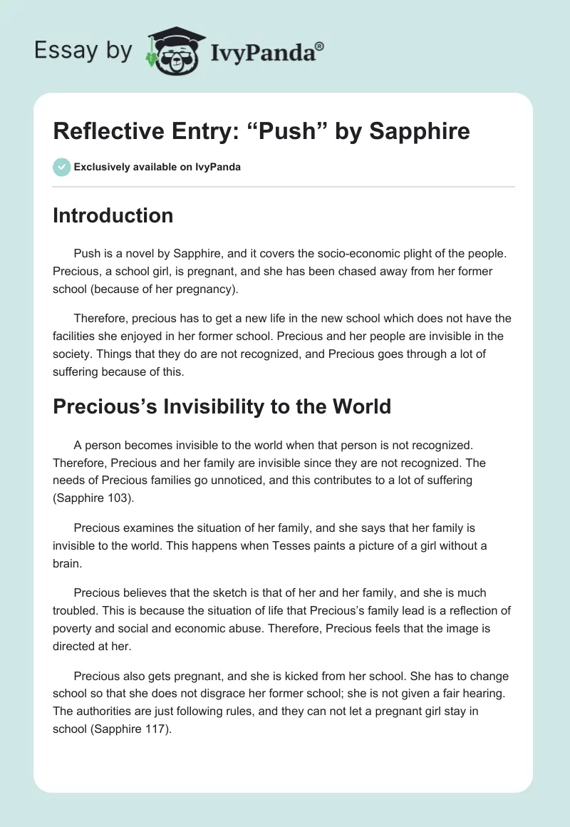 Reflective Entry: “Push” by Sapphire. Page 1