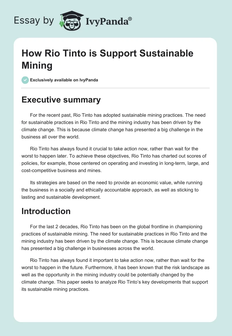 How Rio Tinto is Support Sustainable Mining. Page 1