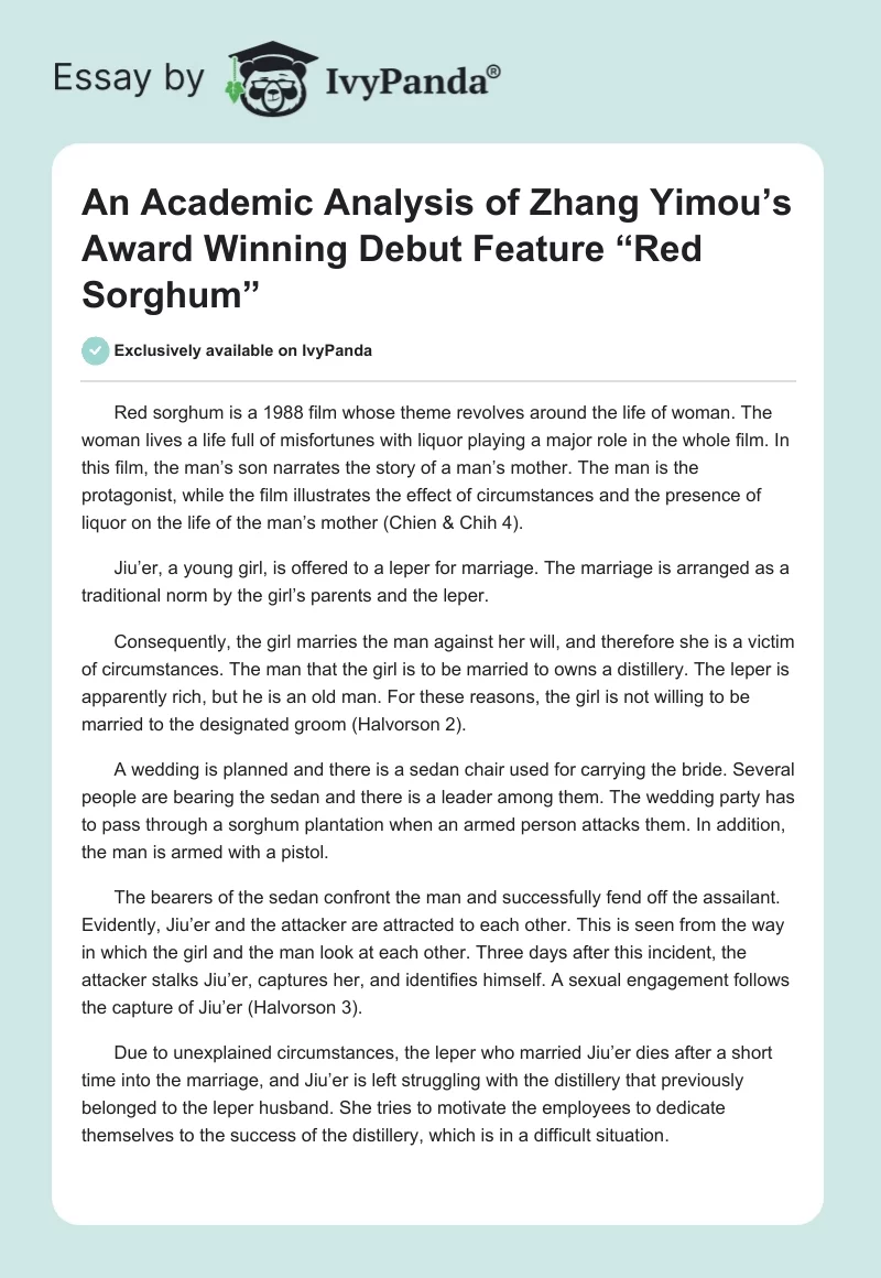 An Academic Analysis of Zhang Yimou’s Award Winning Debut Feature “Red Sorghum”. Page 1