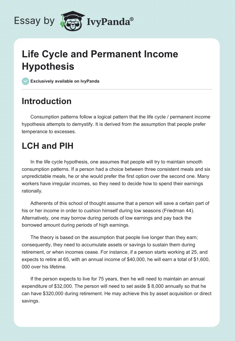 Life Cycle and Permanent Income Hypothesis. Page 1