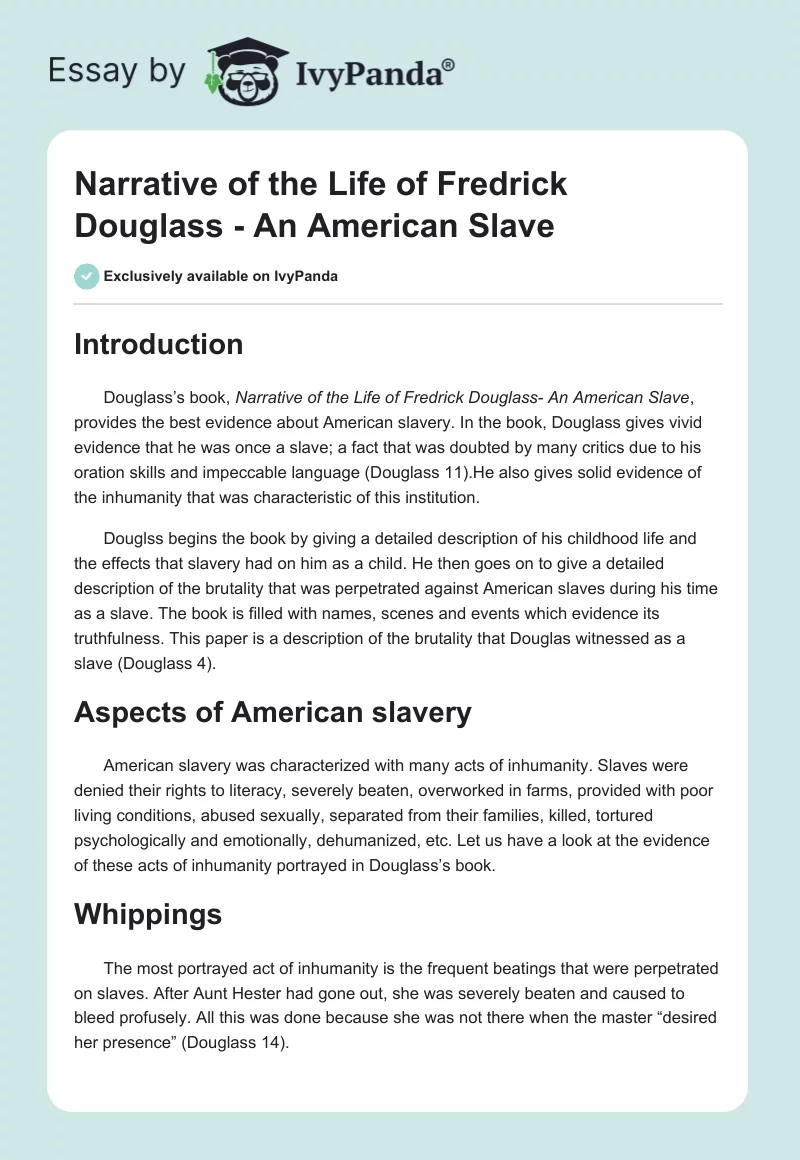 Narrative of the Life of Fredrick Douglass - An American Slave. Page 1